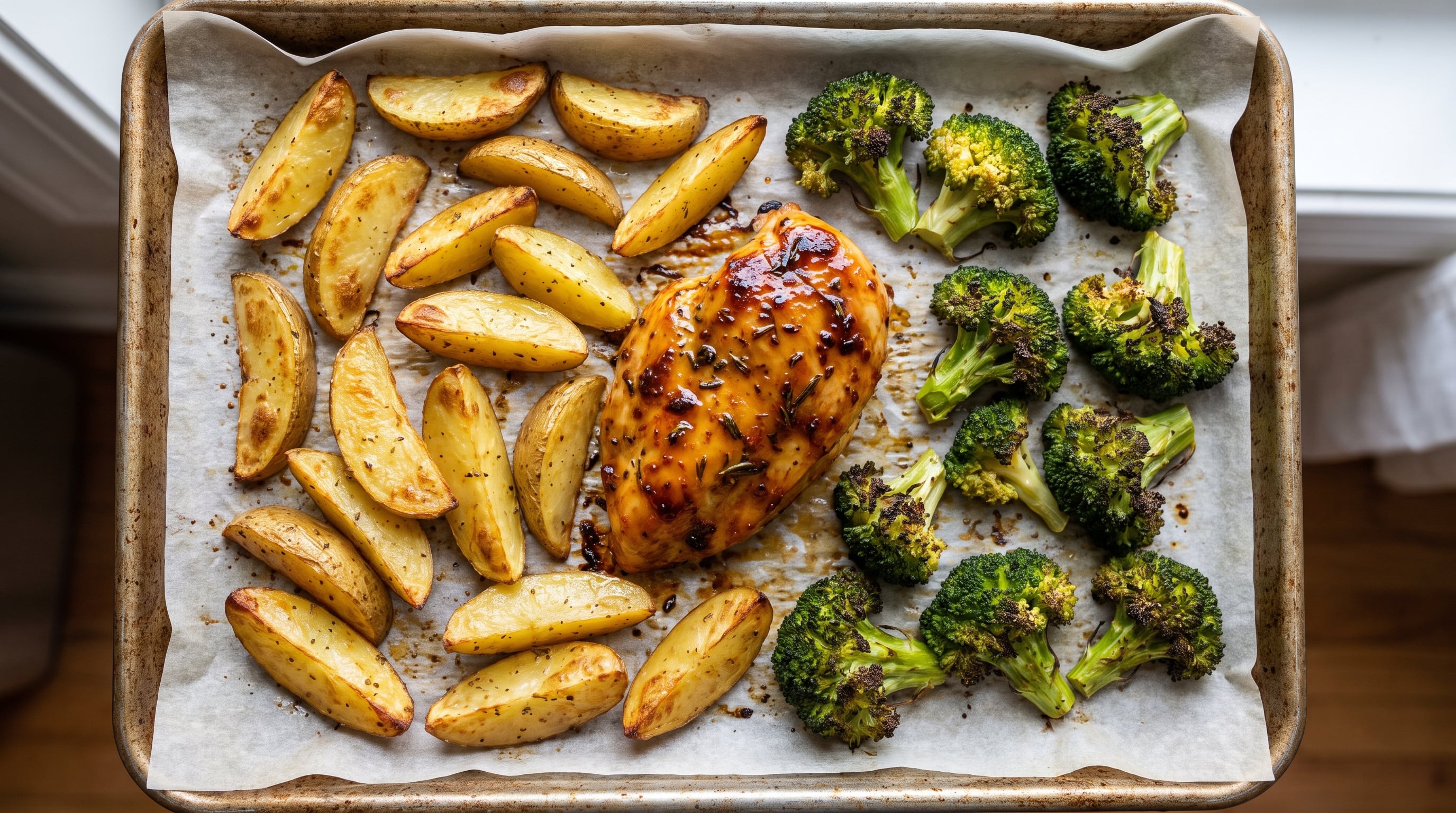El glaseado de mostaza y miel al horno cocina la pechuga de pollo junto con papas en gajos y brócoli en una misma bandeja (Imagen Ilustrativa Infobae)