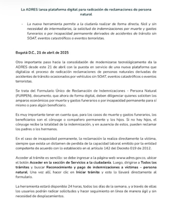 Las indemnizaciones por fallecimiento tras un accidente de tránsito pueden ser solicitadas por cónyuges, hijos, padres o hermanos, según lo estipulado en la legislación vigente colombiana - crédito Adres