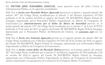 Documento judicial que detalla el auto de enjuiciamiento contra Víctor José Zanabria Angulo por varios delitos contra la administración pública
