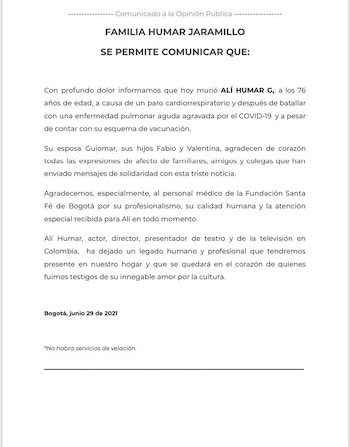 Comunicado familia Alí. Foto: Redes