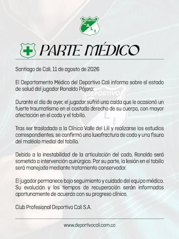 Parte médico del Deportivo Cali sobre las lesiones de Ronaldo Pájaro durante el sismo del 10 de agosto - crédito Deportivo Cali
