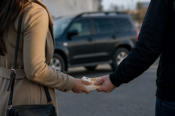 Un hombre entrega un fajo de billetes de cincuenta euros a una mujer frente a un vehículo oscuro.