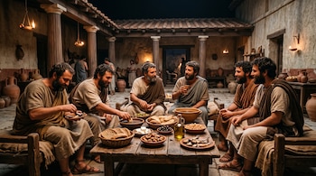 Hombres vestidos con túnicas cenan alrededor de una mesa de madera con pan, aceitunas y pescado en el patio de una casa antigua con columnas.