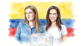 Ilustración acuarela de dos mujeres y una urna electoral con papeletas. Fondo con los colores de la bandera de Colombia: amarillo, azul y rojo.