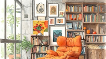 Ilustración en acuarela de una sala con estantería de madera llena de libros, sillón naranja, cuadros en pared de concreto y plantas junto a una ventana.