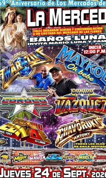 Cartel publicitario con tipografía colorida, nombres de grupos musicales, la imagen de una virgen y fotos de dos hombres sonriendo