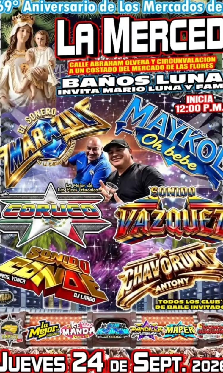 Un cartel promocional anuncia el aniversario del Mercado de La Merced con presentaciones de grupos sonideros y música en vivo en Ciudad de México. (SONIDEROS)