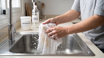 Manos con espuma lavan un trapo blanco manchado en un fregadero de acero inoxidable con envases de bicarbonato y vinagre al fondo.