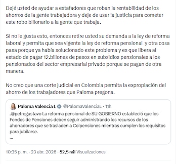 Petro pidió a Paloma Valencia retirar demanda que obstaculiza las reformas del Gobierno nacional - crédito @petrogustavo/X