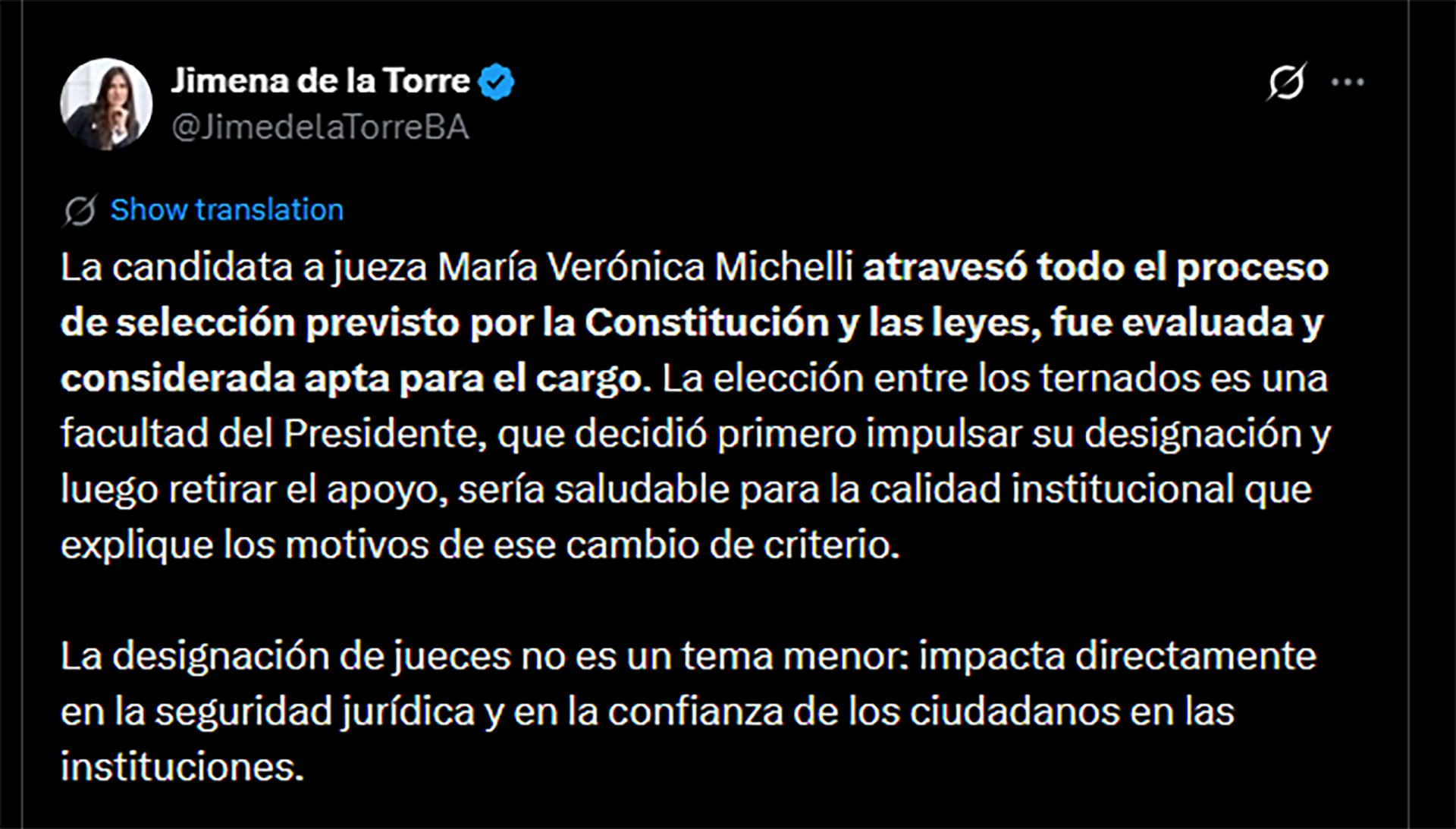 Jimena de la Torre cuestionó el cambio de criterio presidencial en la designación de la jueza María Verónica Michelli