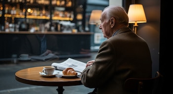 Hombre de perfil sentado en una mesa de madera con una taza de café, un cruasán y un periódico abierto. Botellas en el estante de un bar al fondo.