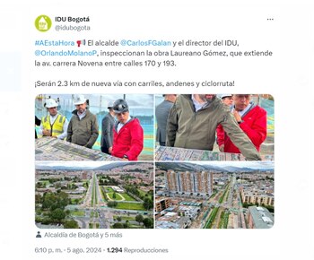 El alcalde de Bogotá, Carlos Fernando Galán, y el director del Instituto de Desarrollo Urbano (IDU), Orlando Molano, realizaron una inspección de la obra de extensión de la Avenida Carrera Novena - crédito @idubogota/X