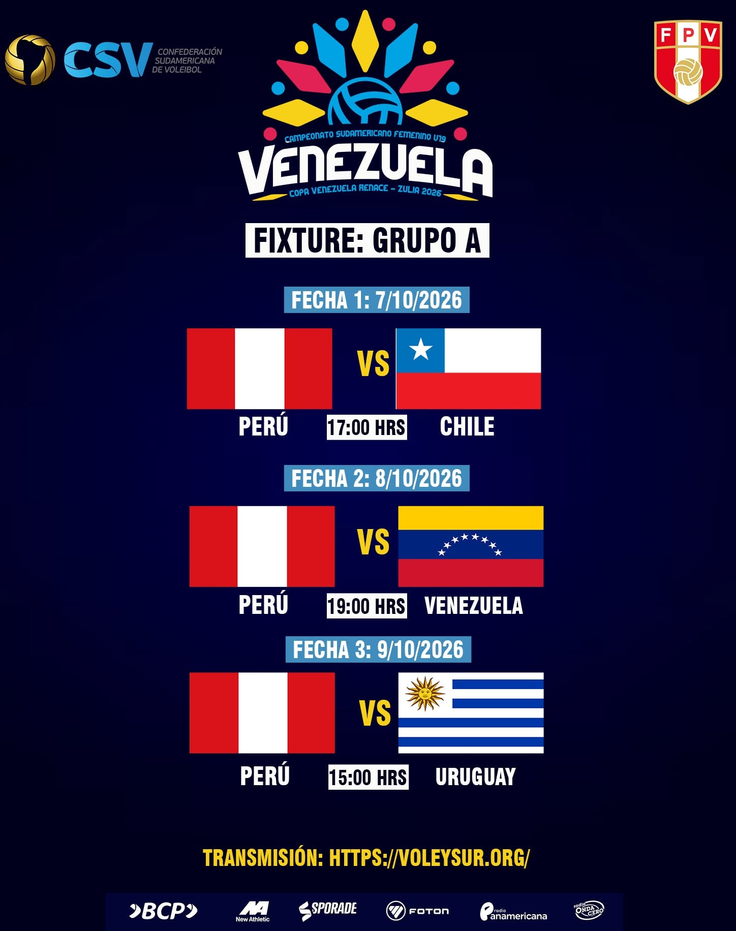 Fixture de Perú en el Grupo A del Campeonato Sudamericano Sub 19 de Vóley 2026. Crédito: FPV