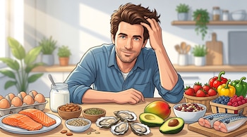 Un hombre caucásico de mediana edad sonríe mientras se toca su cabello abundante, sentado frente a una mesa con salmón, huevos, ostras, aguacate y bayas.