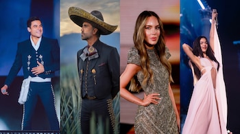 Cuatro imágenes de Carlos Rivera, Alejandro Fernández con sombrero de charro, Belinda con vestido brillante y Kenia Os con micrófono.