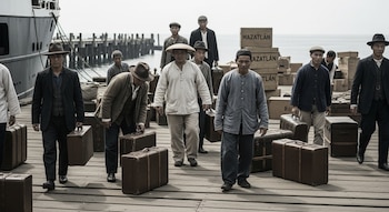 Grupo de migrantes chinos con vestimenta de principios del siglo XX, descendiendo de un barco en un muelle de madera, rodeados de maletas y cajas marcadas 'Mazatlán'.