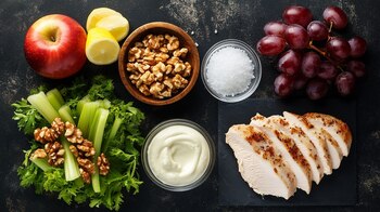 Ensalada cremosa, pollo en cubos, manzana fresca, uvas dulces, apio crujiente, receta ligera, comida saludable, mayonesa suave, platillo fresco, ensalada nutritiva. - (Imagen Ilustrativa Infobae)