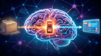 Ilustración de un cerebro luminoso en el centro, conectado por haces de luz a carpetas de datos a la izquierda y a una pantalla de interfaz a la derecha, con una red neuronal de fondo azul oscuro.
