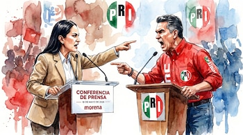 Ilustración en acuarela de dos figuras políticas debatiendo apasionadamente desde atriles. La mujer representa a Morena, el hombre al PRI.