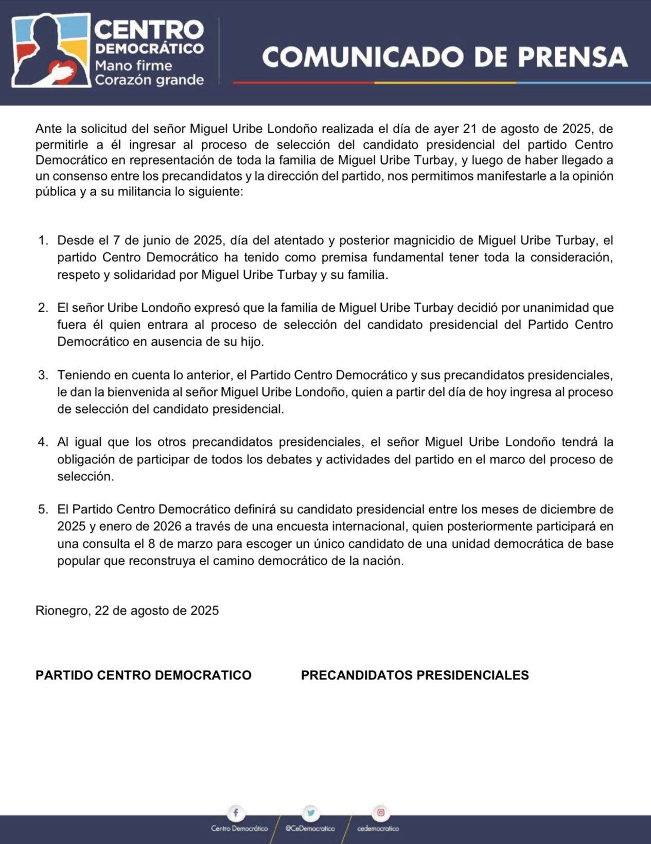 El Partido Centro Democrático acepta la postulación de Miguel Uribe Londoño como precandidato presidencial tras el asesinato de Miguel Uribe Turbay - crédito cortesía