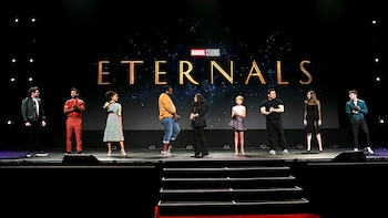 ANAHEIM, CALIFORNIA - AUGUST 24: (L-R) Richard Madden, Kumail Nanjiani, Lauren Ridloff, Salma Hayek, Lia McHugh, Don Lee, Angelina Jolie, and Barry Keoghan of 'The Eternals' took part today in the Walt Disney Studios presentation at Disneys D23 EXPO 2019 in Anaheim, Calif. 'The Eternals' will be released in U.S. theaters on November 6, 2020. Jesse Grant/Getty Images for Disney/AFP
Jesse Grant / GETTY IMAGES NORTH AMERICA / AFP