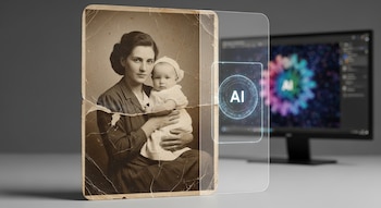Foto antigua sepia de una madre y su bebé parcialmente restaurada digitalmente, con una capa transparente mostrando el icono 'AI' y un monitor de fondo.