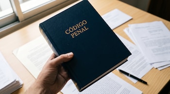 Mano sostiene libro del Código Penal con tapa azul oscuro y letras doradas sobre escritorio de madera clara con documentos y un bolígrafo.
