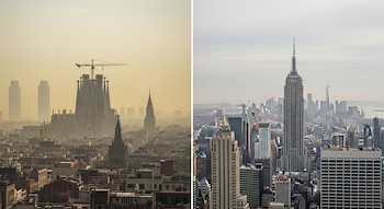 Izquierda: Sagrada Familia y rascacielos de Barcelona con cielo amarillento. Derecha: Empire State Building y rascacielos de Nueva York con cielo grisáceo.
