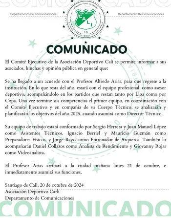 Comunicado de Deportivo Cali en