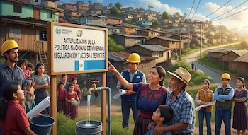 Grupo de personas frente a un cartel de la política de vivienda en asentamiento precario guatemalteco. Un grifo vierte agua en un cubo, casas en colina de fondo.