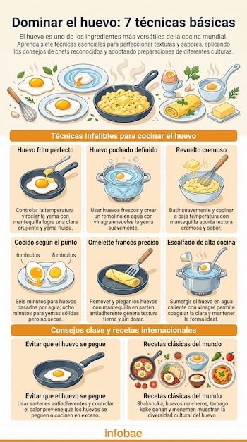 Infografía de siete técnicas de cocina del huevo. Muestra huevos fritos, pochados, revueltos, cocidos, omelette y platos internacionales. Incluye sartenes, utensilios.