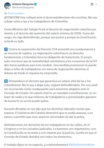 Sanguino defendió el incremento salarial al afirmar que “un salario vital es un mandato constitucional” - crédito @AntonioSanguino/X