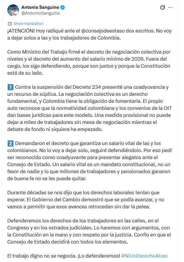 Sanguino defendió el incremento salarial al afirmar que “un salario vital es un mandato constitucional” - crédito @AntonioSanguino/X