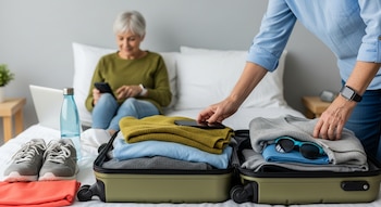 Un adulto mayor empaca una maleta con ropa y un celular sobre una cama, junto a zapatillas y una botella de agua. Otro revisa una laptop en el fondo.