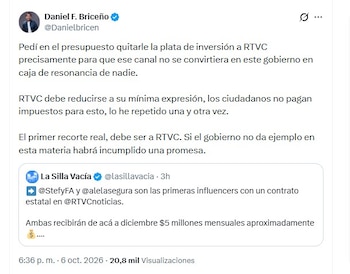 El representante Daniel Briceño pidió reducir el gasto de Rtvc y recordó sus reparos durante la discusión del Presupuesto General de la Nación - crédito @DanielBricen/X