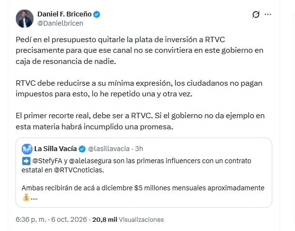 El representante Daniel Briceño pidió reducir el gasto de Rtvc y recordó sus reparos durante la discusión del Presupuesto General de la Nación - crédito @DanielBricen/X