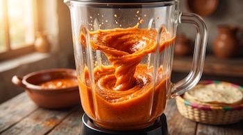 Vaso de licuadora de vidrio con salsa anaranjada en movimiento, junto a un recipiente de barro y un canasto con tortillas sobre madera.