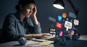 Una mujer sentada frente a un ordenador portátil con una lámpara. Iconos de redes sociales, burbujas de texto con mensajes negativos y papeles arrugados.