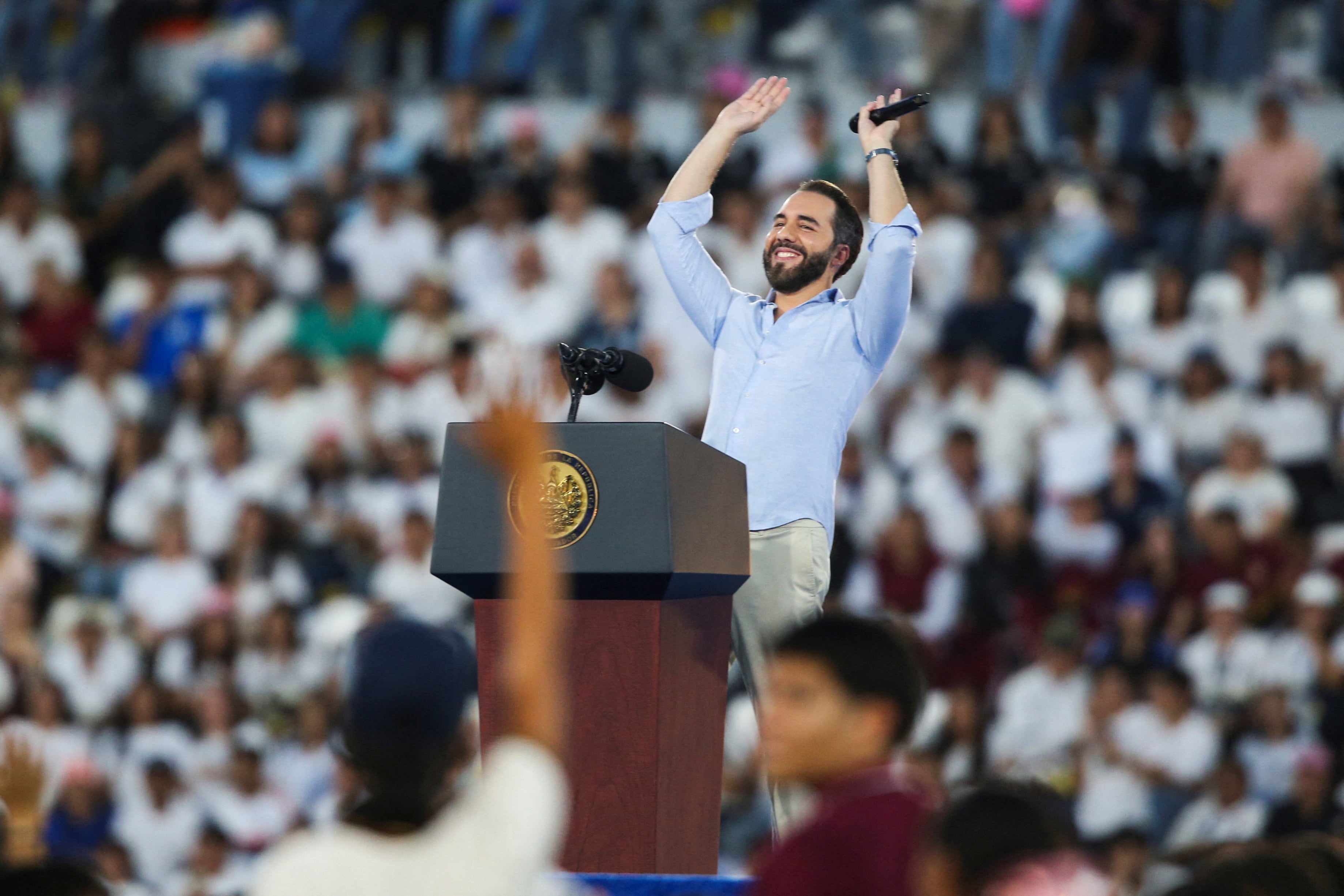 El Salvador's President Nayib Bukele reacts during the announcement of the expansion of a government scholarship program, in San Salvador, El Salvador, August 23, 2026. REUTERS/Jose Cabezas