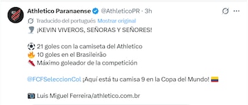 Así pidió Atlético Paranaense que Kevin Viveros sea el nueve de la selección Colombia en el Mundial 2026 - crédito @AthleticoPR/X