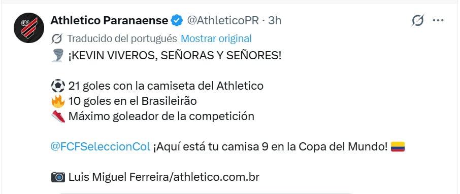 Así pidió Atlético Paranaense que Kevin Viveros sea el nueve de la selección Colombia en el Mundial 2026 - crédito @AthleticoPR/X