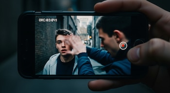 Una mano sostiene un teléfono móvil que graba a dos jóvenes en una calle. Uno de ellos abofetea al otro. En la pantalla se ve un cronómetro de grabación.