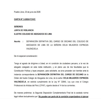 Carta oficial impresa en papel blanco. Contiene texto en español con fecha, destinatario, asunto y cuerpo del mensaje. El asunto se refiere a una separación de cargo