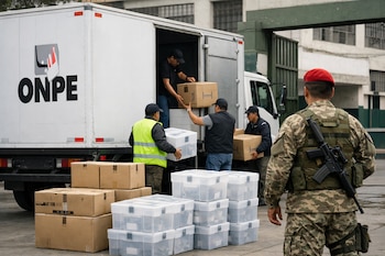 Camión blanco con logo ONPE y personal descargando cajas de cartón y urnas transparentes; un militar con uniforme de camuflaje y boina roja observa la operación.