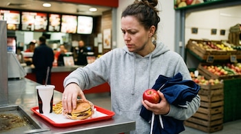 Una mujer con sudadera gris sostiene una manzana roja y ropa en una mano mientras extiende la otra hacia una hamburguesa.