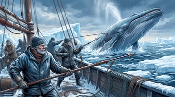 Un barco de madera con varios pescadores robustos que sujetan arpones, persiguiendo una ballena azul que emerge del agua helada cerca de icebergs.