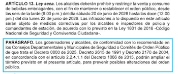 El Decreto 0612 del 16 de junio de 2026 faculta a los gobernadores y alcaldes a ampliar la ley seca - crédito @ProbogotaRegion/X