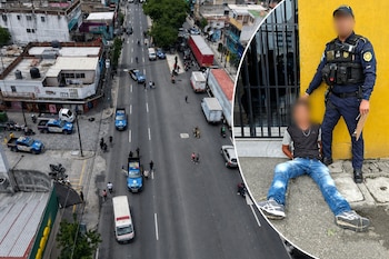 Patrullas policiales en una avenida urbana y un recuadro de un oficial custodiando a un hombre sentado en la acera con el rostro borroso.