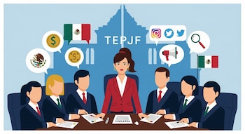 Ilustración plana: Claudia Sheinbaum y siete magistrados del TEPJF. Documentos con 'reforma', burbujas de diálogo con bandera, dólar y redes sociales.