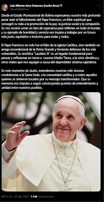 Tweet del presidente de Bolivia,